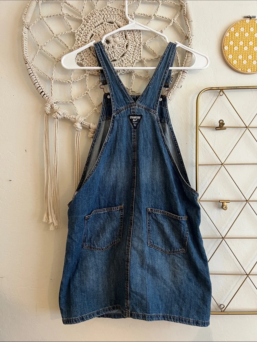 OshKosh B'gosh Blue Denim Overall Dress with White Flower Accents